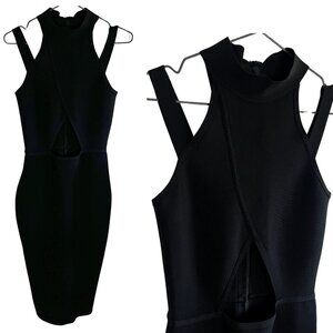 House of CB Black Cutout Mock Neck Strappy Fitted Bandage Bodycon  Midi Dress